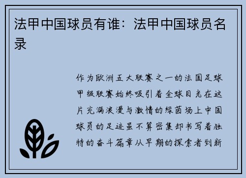法甲中国球员有谁：法甲中国球员名录